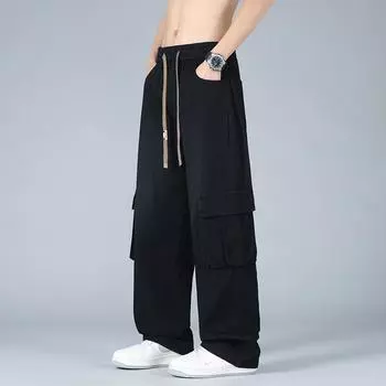 Мужские джинсы больших размеров в стиле ретро, летние тонкие брюки с широкими прямыми штанинами 8XL чёрный