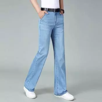 Мужские джинсы большого размера со средней посадкой, эластичные, свободные, мужские повседневные прямые светло-голубые джинсы 29 светло-синий