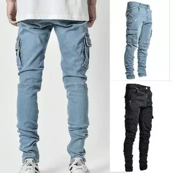 Мужские джинсы, брюки-карго, однотонные, с несколькими карманами, облегающие, повседневные джинсы 2XL