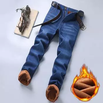 Мужские джинсы деним осень и зима плюшевые утолщенные свободные прямые большие размеры теплые рабочие повседневные длинные брюки 28 чёрный