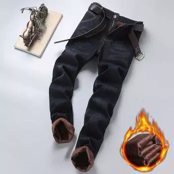 Мужские джинсы деним осень и зима плюшевые утолщенные свободные прямые большие размеры теплые рабочие повседневные длинные брюки 28 синий