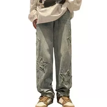 Мужские джинсы Fly со средней посадкой на молнии, брюки большого размера со звездным эстетическим узором, прямые широкие джинсовые брюки, свободные джинсы High Street M светло-синий