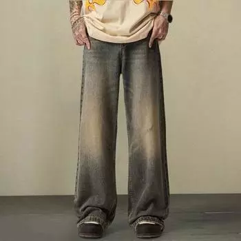 Мужские джинсы Градиент контрастного цвета Широкие брюки Свободные High Street Ретро Хип-хоп Прямые 3XL серый/синий