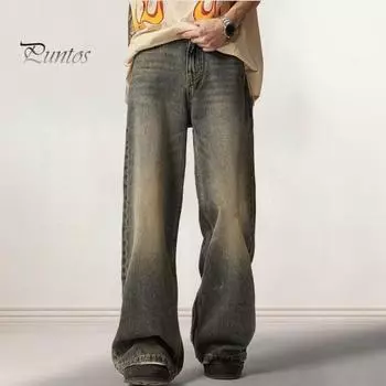 Мужские джинсы градиент контрастного цвета широкие брюки свободные High Street ретро хип-хоп прямые карманы полной длины на пуговицах на молнии мужские длинные джинсовые ткани M серый/синий