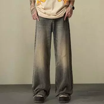 Мужские джинсы градиентного контрастного цвета с широкими штанинами, свободные, в стиле ретро, хип-хоп, прямые, с карманами, застежкой-молнией на пуговицы, я M