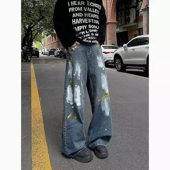 Мужские джинсы Ins Jeans Мужские рваные укороченные брюки Harajuku Straight Leg Весенние модные свободные прямые брюки S синий