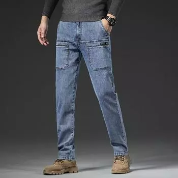Мужские джинсы из денима, обтягивающие брюки полной длины, узкие брюки с высокой эластичностью, модные мужские джинсы со средней талией 36 синий