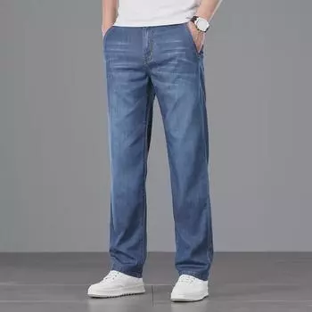 Мужские джинсы из лиоцелла: 200 фунтов. Свободные прямые брюки из хлопка, весна/лето, легкие, дышащие, повседневный стиль 32, 140 catties серый/джинсовый