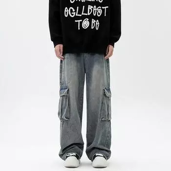 Мужские джинсы-карго, свободные уличные брюки большого размера, винтажные синие джинсовые брюки в стиле хип-хоп M синий