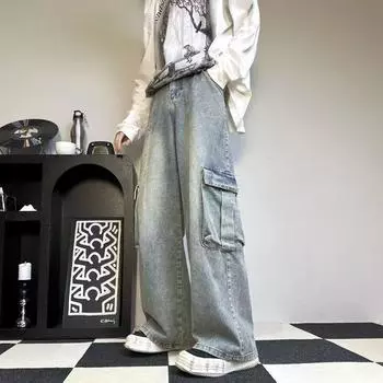 Мужские джинсы-карго, свободные уличные брюки большого размера, винтажные синие джинсовые брюки в стиле хип-хоп S синий