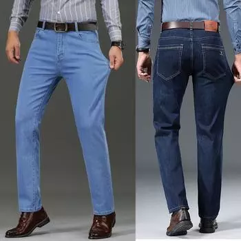Мужские джинсы, летние тонкие брюки, прямые синие джинсовые мешковатые повседневные рабочие эластичные джинсовые брюки, высокая эластичность, широкие деловые мужские брюки 28 чёрный/синий