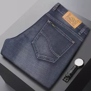 Мужские джинсы Li Le из хлопка прямого кроя с эластичной отделкой, ностальгического синего цвета 30