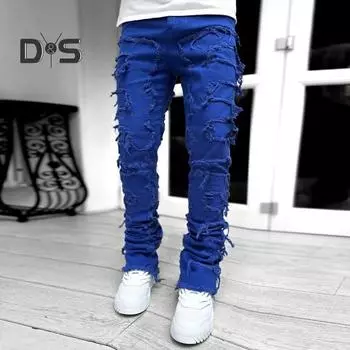 Мужские джинсы, модные уличные эластичные джинсы в стиле пэчворк, мягкие удобные мужские брюки для повседневной носки на открытом воздухе M розовый