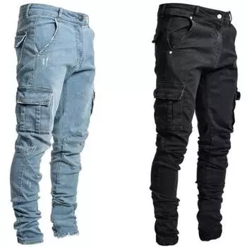 Мужские джинсы, мужские брюки, потертые, старые, однотонные, с множеством карманов, джинсовые брюки, средняя талия, узкие повседневные брюки для мужчин S светло-синий