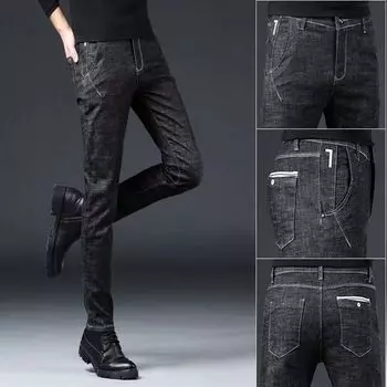 Мужские джинсы, мужские осенние и зимние 2024 г., новые облегающие эластичные мужские брюки скинни, универсальные модные черные брюки в корейском стиле 28 чёрный
