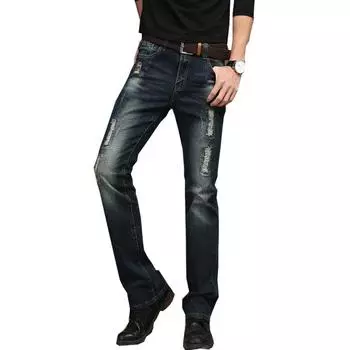 Мужские джинсы. Мужские рваные джинсы. Брюки-нищие. Джинсовые брюки с микроклеш. Мужские расклешенные брюки классического дизайна. 30 темно-синий