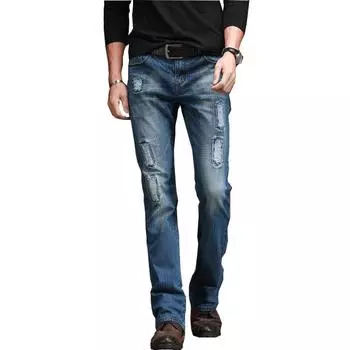 Мужские джинсы. Мужские рваные джинсы. Брюки-нищие. Джинсовые брюки с микроклеш. Мужские расклешенные брюки классического дизайна. 28 темно-синий