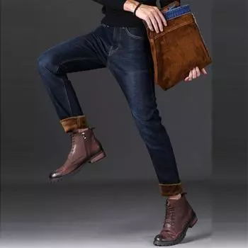 Мужские джинсы на флисовой подкладке, зимние теплые облегающие утолщенные эластичные джинсовые брюки 34 чёрный