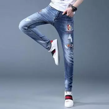 Мужские джинсы, облегающие осенние мужские повседневные свободные прямые эластичные брюки с маленькими отверстиями, корейская версия трендовых брюк 28 синий