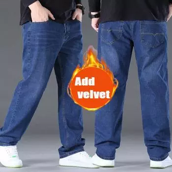 Мужские джинсы осень и зима новый тренд ретро мужские брюки эластичные прямые брюки с добавлением флиса и увеличенный повседневный размер 30