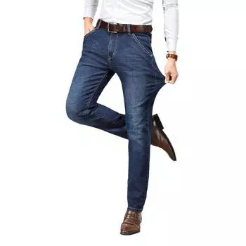 Мужские джинсы осень и зима новый тренд ретро мужские брюки эластичные прямые брюки с добавлением флиса и увеличенный повседневный размер 28 чёрный