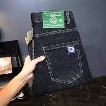 Мужские джинсы осень и зима новый тренд ретро мужские брюки эластичные прямые брюки с добавлением флиса и увеличенный повседневный размер 28 чёрный