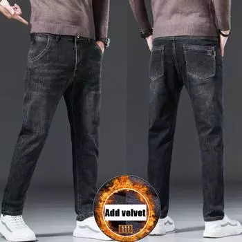 Мужские джинсы осень и зима новый тренд ретро мужские брюки эластичные прямые брюки с добавлением флиса и увеличенный повседневный размер 28