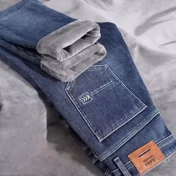 Мужские джинсы осень/зима с флисовой подкладкой, утолщенные, теплые, интегрированные, бархатные, верхняя одежда, повседневные, длинные, мужские, зимние 34