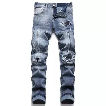 Мужские джинсы +панк с дырками и хлопковые брюки с маленькой стопой и средней талией, мужские 3333 29 синий