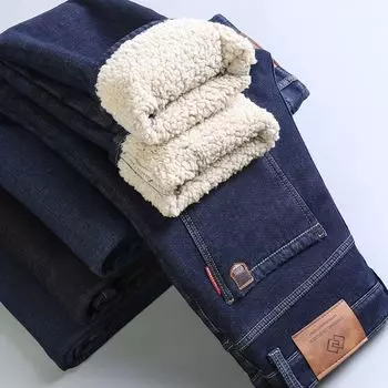 Мужские джинсы Plus Velvet, мужские эластичные прямые свободные теплые кашемировые суперплотные брюки 40 чёрный