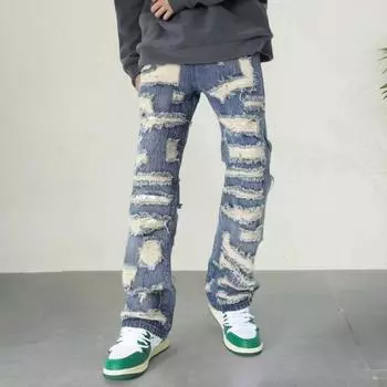 Мужские джинсы, потертые, винтажные, с 4 глубокими карманами, прямые джинсы в уличном стиле S синий