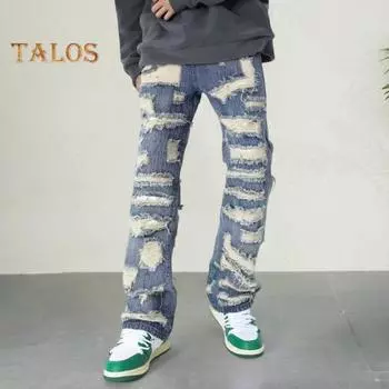 Мужские джинсы, потертые, винтажные, с 4 глубокими карманами, прямые джинсы в уличном стиле S синий