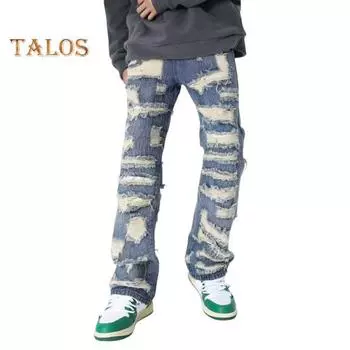 Мужские джинсы, потертые, винтажные, с 4 глубокими карманами, прямые джинсы в уличном стиле XXXL синий