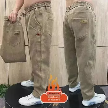 Мужские джинсы прямого кроя с бархатной подкладкой, осенне-зимние — свободные, универсальные, однотонные повседневные брюки 34 (155-165 lbs)