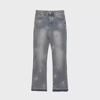 Мужские джинсы прямого кроя с рваными необработанными краями — свободные повседневные широкие брюки из денима в американском уличном стиле. M синий