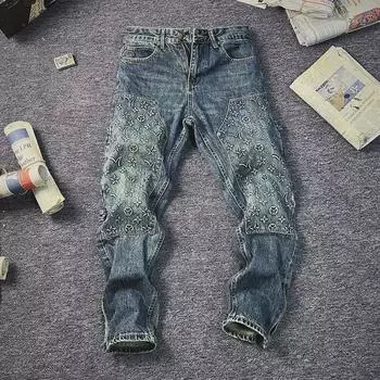 Мужские джинсы прямого кроя с тиснением и потертостями в стиле «американское ретро», коллекция осень 2024 г., свободный крой с резинкой и уникальной строчкой «обезьянка». 31 (130-140 jin) синий