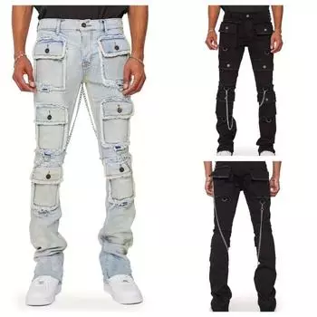 Мужские джинсы, прямые брюки, средняя талия, деним, пэчворк, молния, ширинка, карманы-карго, однотонные, длина до щиколотки, слегка эластичные, уличная одежда S небесно-голубой