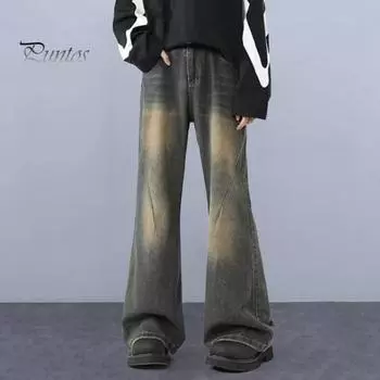 Мужские джинсы, прямые джинсовые брюки в стиле ретро с карманами, застежка-молния на пуговицах, градиент цвета, слегка расклешенные брюки M жёлтый