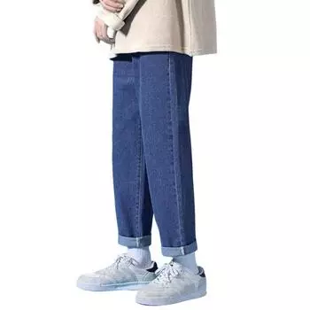 Мужские джинсы, прямые широкие брюки, свободные джинсовые брюки, однотонные джинсовые брюки на молнии и пуговицах с карманами M темно-синий