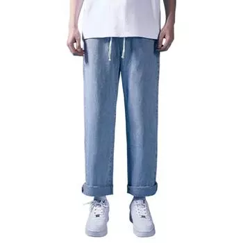 Мужские джинсы, прямые, широкие, с завязками на шнурке, джинсовые брюки, повседневные, длиной до щиколотки, для улицы, на каждый день, в школу M чёрный