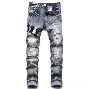 Мужские джинсы Punk Retro Blue Slim Fit Denim с вышивкой 36