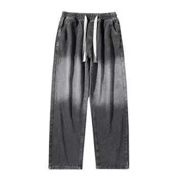 Мужские джинсы с эффектом градиента, модные мужские джинсы High Street Drawstring, в стиле ретро, универсальные, свободные, повседневные, прямые S черный серый