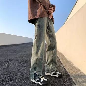 Мужские джинсы с эффектом стирки, свободные прямые брюки-клеш с разрезом, уличный стиль, брюки в пол S синий