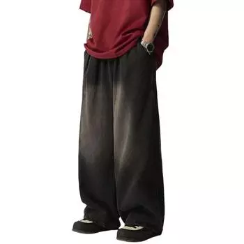 Мужские джинсы с эластичной резинкой на талии и широкими штанинами в уличном стиле, драпированные джинсы с потертым дизайном, джинсовые брюки M чёрный