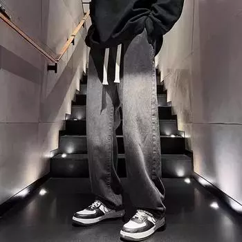 Мужские джинсы с градиентом и завязками — новинка весны/осени 2024 г., свободные прямые брюки для молодежи L светло-синий