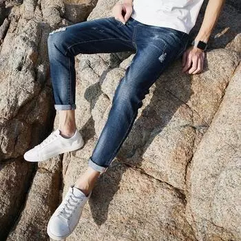 Мужские джинсы с кошачьими царапинами и маленькими отверстиями, эластичные мужские облегающие джинсы в стиле гавани 27