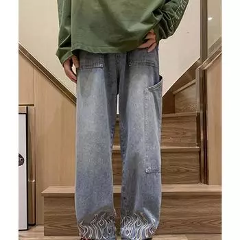 Мужские джинсы с модным принтом и вышивкой, лоскутные широкие джинсовые брюки с карманами, весна-лето 2024, свободные прямые мешковатые брюки в стиле хип-хоп XXL