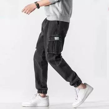 Мужские джинсы с несколькими карманами, рабочая одежда, брюки-карго, черные, синие, с эластичным поясом, джинсовые брюки-джоггеры, большие размеры, джинсовые брюки 8XL чёрный