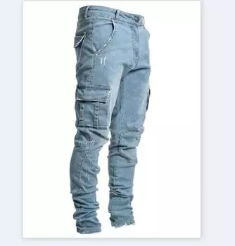 Мужские джинсы с несколькими карманами, узкие брюки для мотоциклистов, длинные брюки из денима, джинсы больших размеров с эластичной резинкой на талии S светло-синий