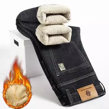 Мужские джинсы с подкладкой из овечьей шерсти, свободные, прямые, осенние и зимние модели, утолщенные, теплые, повседневные мужские брюки 28